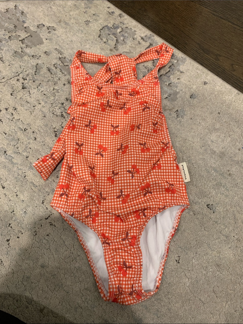 Girls Orange Gingham Cherry One-Piece Swimsuit - Picture 3 of 6